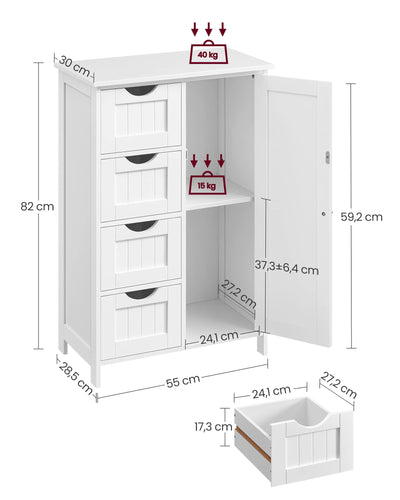 VASAGLE Badezimmerschrank, schmaler Badschrank, Beistellschrank, Kommode, mit 4 Schubladen, Schranktür, verstellbare Ablage, 30 x 55 x 82 cm, weiß LHC41W