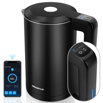 Aigostar - Smart Wasserkocher mit Temperatureinstellung 40°C-100°C, WiFi Steuerung Kompatibel zu Alexa, 1,7 L Edelstahl Doppelwand Cool Touch, Leise & Kabellos, Warmhaltefunktion, Schwarz