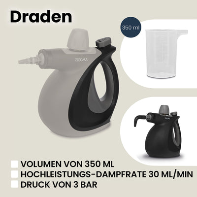 ZEEGMA Draden Dampfreiniger, Handdampfreiniger, Hochdruckreiniger Dampfsauger mit 350ml, Tank Umfangreiches Set - 9 verschiedene Aufsätze, schnelle Aufheizzeit, Kindersicherung