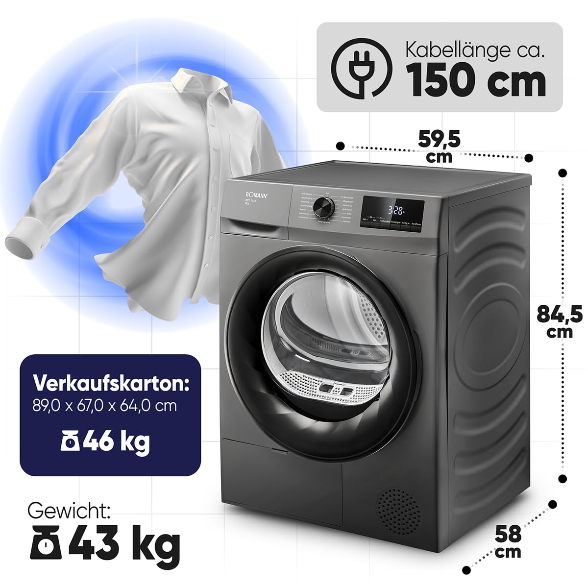 Bomann® Wärmepumpentrockner 8kg | kein Wasseranschluss nötig | Trockner m. Antiknitterfunktion | Wäschetrockner 15 Programme | Kondenstrockner | umweltfreundliches Kühlmittel R290 | WPT 7153 titan