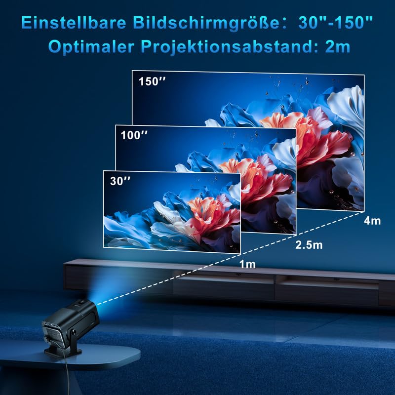 Mini Beamer, 4K Full HD 1080P Projector, Unterstützt WiFi 6 und BT 5.0 mit Eingebaute Android OS 11.0, 150 Zoll, 360-Grad-Flip Smart Led Beamer, Auto Trapezkorrektur, für Phone/PC/PS5/Xbox, Schwarz