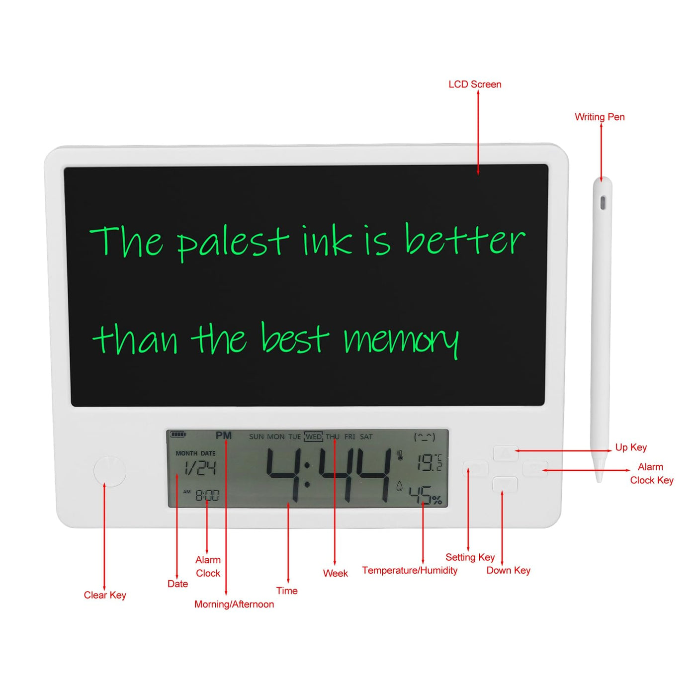 Elektronischer Desktop-Kalender, Wiederaufladbarer Notizblock Zum Schreiben mit Digitaluhr, Datum, Uhrzeit, Woche, Innentemperaturanzeige, 8,7-Zoll-Zeichenblock für das Büro