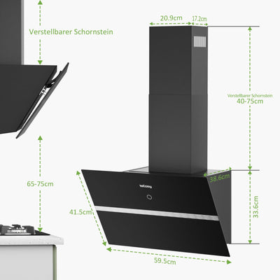 Dunstabzugshaube 60 cm, IsEasy Umluft Dunstabzugshaube mit 578 m³/h starke Saugleistung, 4 Einstellstufen, Abluftmodus, 1–9min Verzögerungs-Ausschaltfunktion, Min 35dB, Schwarz, Effizienz A++