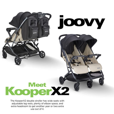 Joovy Kooper X2 Doppelter Kinderwagen, leichter Kinderwagen, kompakt zusammenklappbar mit Ablagen, Beige