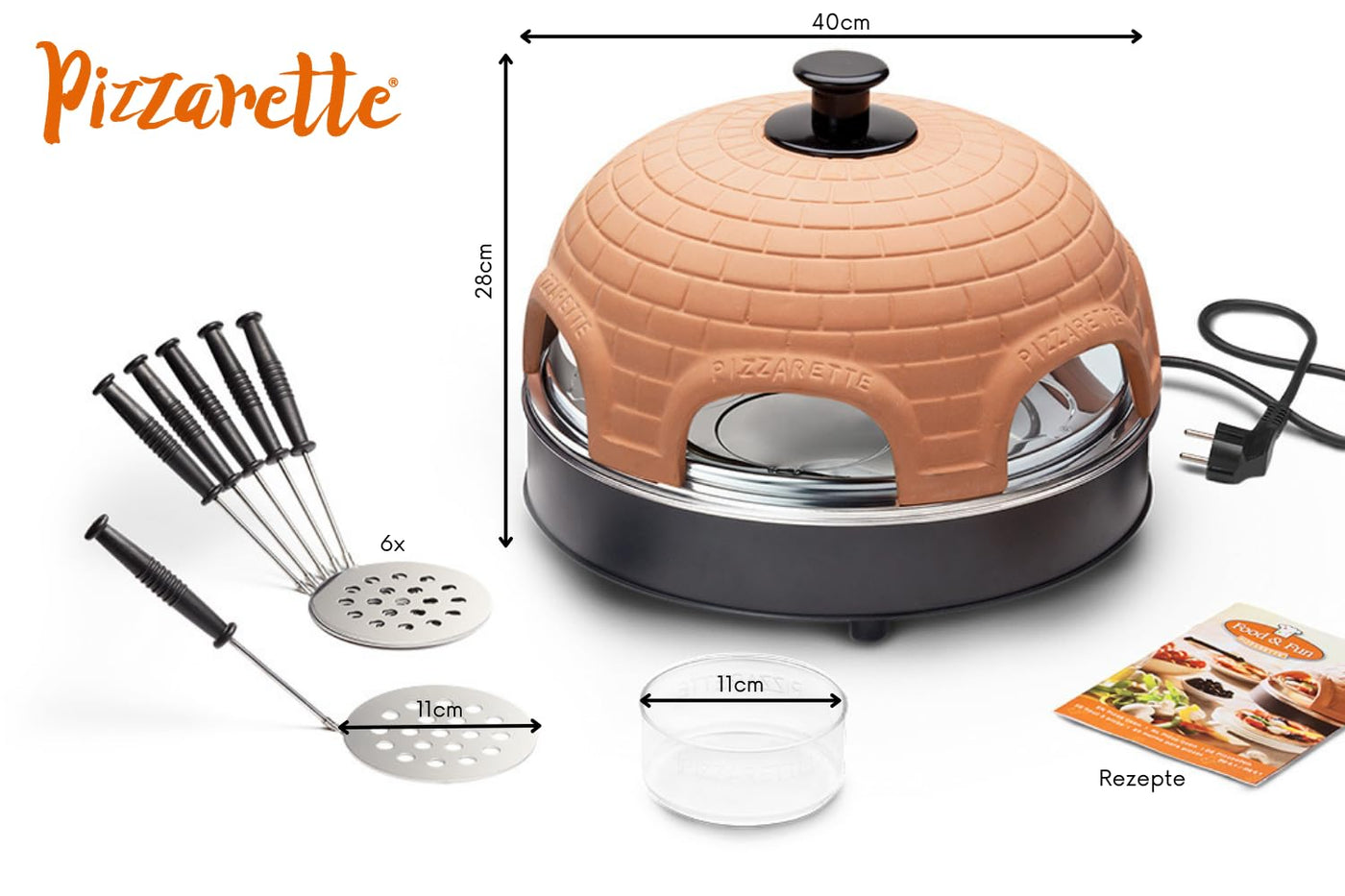 Emerio Pizzaofen, PIZZARETTE das Original, 1 handgemachte Terracotta Tonhaube, patentiertes Design, für Mini-Pizza, echter Familien-Spaß für 6 Personen, Terracotta Orange / Schwarz, PO-115984