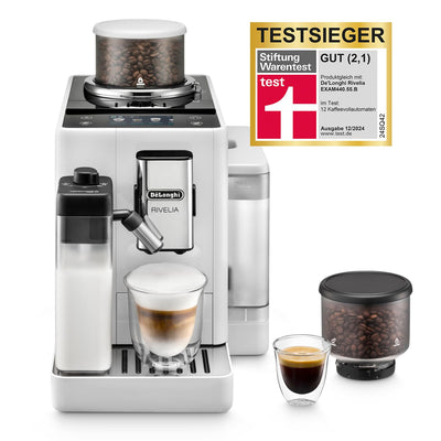 De'Longhi Rivelia EXAM440.55.W Kaffeevollautomat mit LatteCrema Milchsystem, Wechselbarer Bohnenbehälter, 16 Kaffee- & Milchgetränke auf Knopfdruck, Extra-Shot-Funktion, 3,5" Touch-Display, Weiß