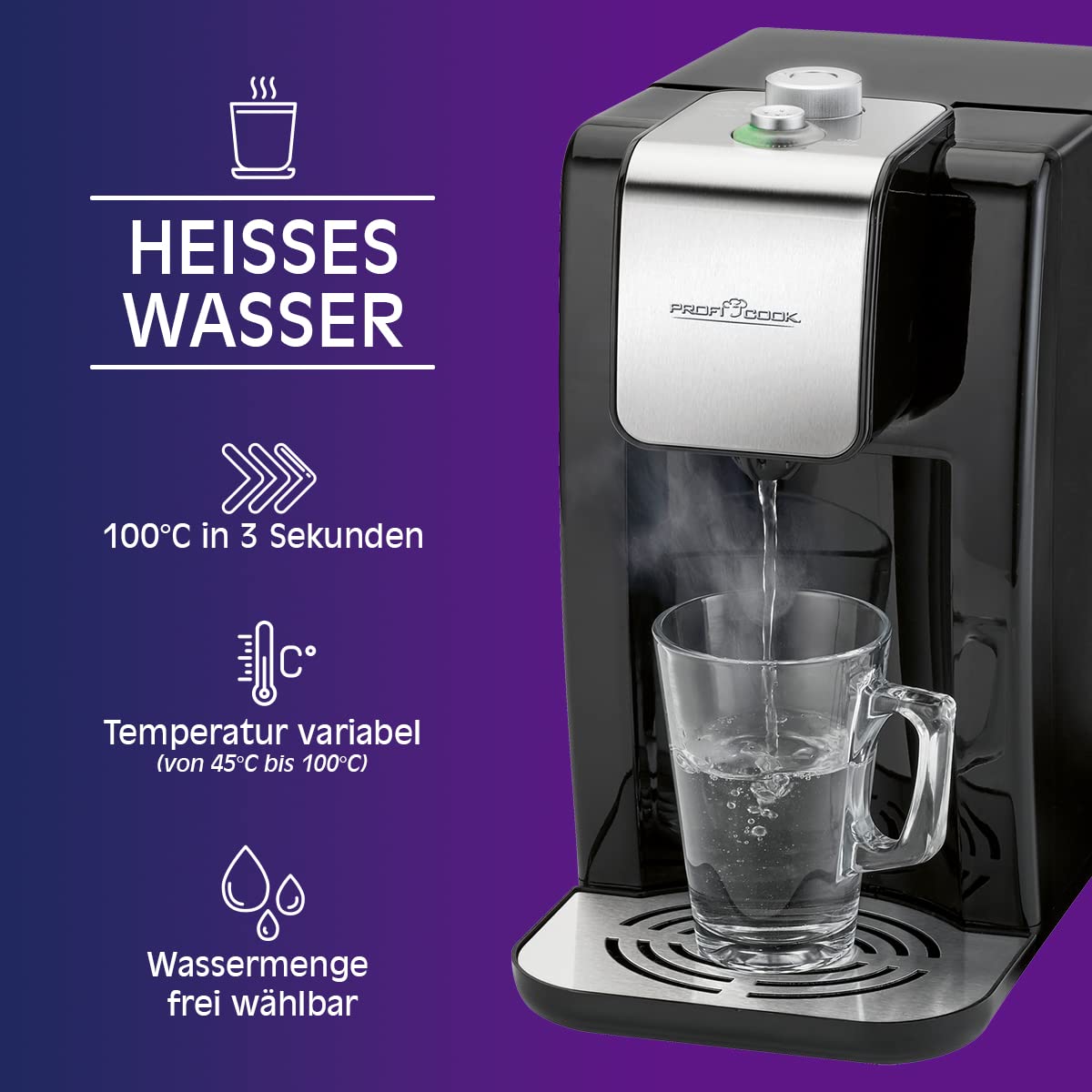 ProfiCook® Heißwasserspender | heißes Wasser in 3 Sekunden | Wasserkocher | 2,2 Liter Fassungsvermögen | kochendes Wasser auf Knopfdruck | Edelstahlgehäuse | Edelstahlanzeige | 2600 Watt | PC-HWS 1168