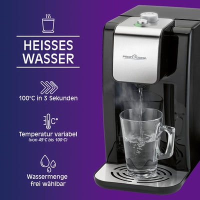 ProfiCook® Heißwasserspender | heißes Wasser in 3 Sekunden | Wasserkocher | 2,2 Liter Fassungsvermögen | kochendes Wasser auf Knopfdruck | Edelstahlgehäuse | Edelstahlanzeige | 2600 Watt | PC-HWS 1168