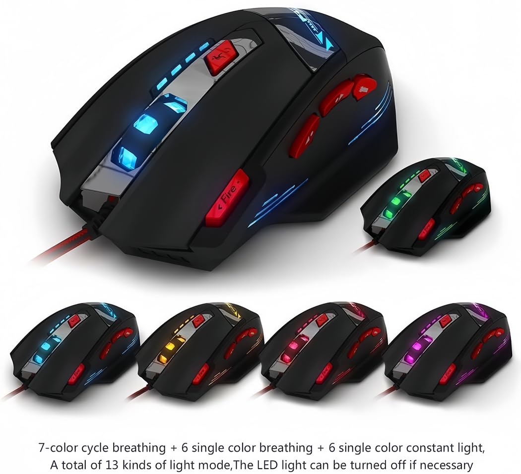 Souris de jeu Zelotes T90 9200 DPI, 8 boutons programmables, LED multimode, souris de jeu USB, réglage du poids pour les joueurs professionnels