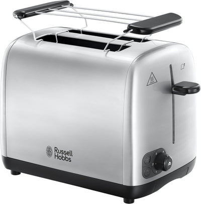 Grille-pain Russell Hobbs [pour 2 tranches] Adventure en acier inoxydable (fentes de toast extra larges, y compris chauffe-petits pains, 6 niveaux de brunissage + fonction décongélation et réchauffage, fonction lift &amp; look, 850 W) 24080-56