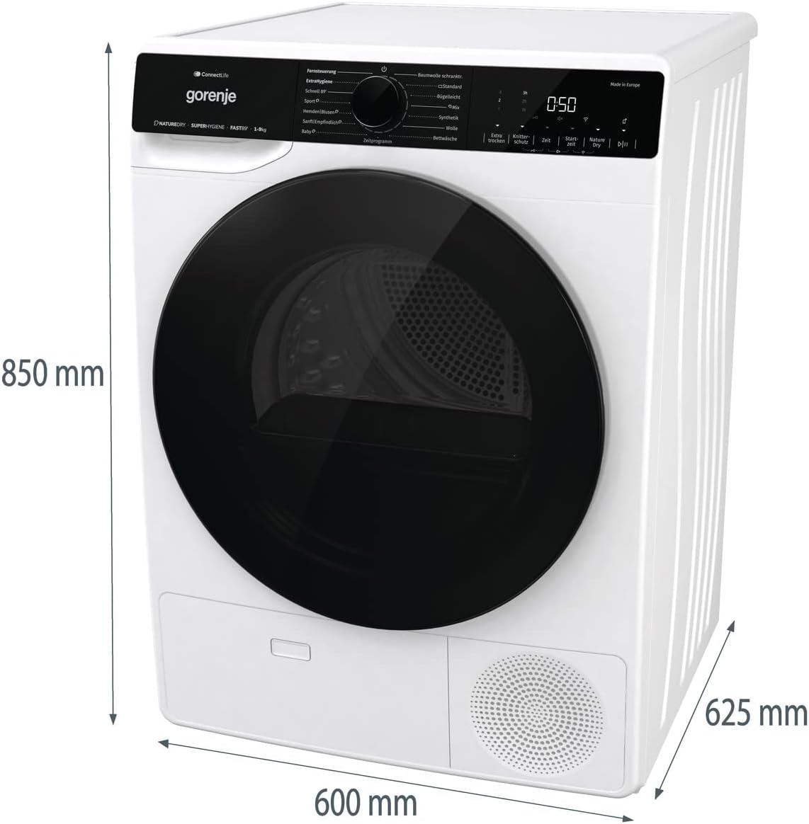 Gorenje DPNA93W Wärmepumpentrockner, 9 kg Kapazität, 15 Programme, ConnectLife WiFi, Auto Drain, Made in EU, Nature Dry, Twin Air, Sportprogramm, Schnellprogramm Energieklasse A+++