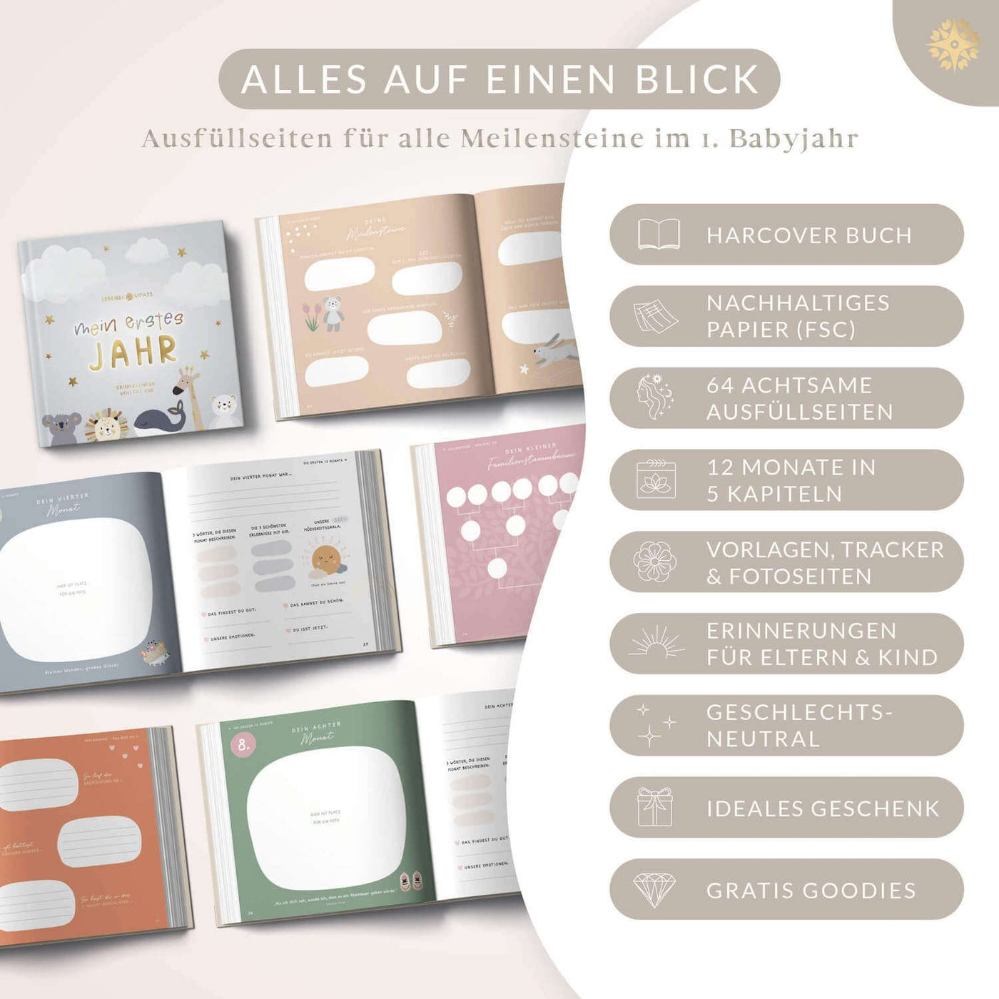 Lebenskompass Babyalbum Mein erstes Jahr "PURE" mit über 75 Stickern & Spruchkarte EXTRA - Ein Baby Buch zum Eintragen - Das Babytagebuch & Erinnerungsbuch für Mädchen & Jungen