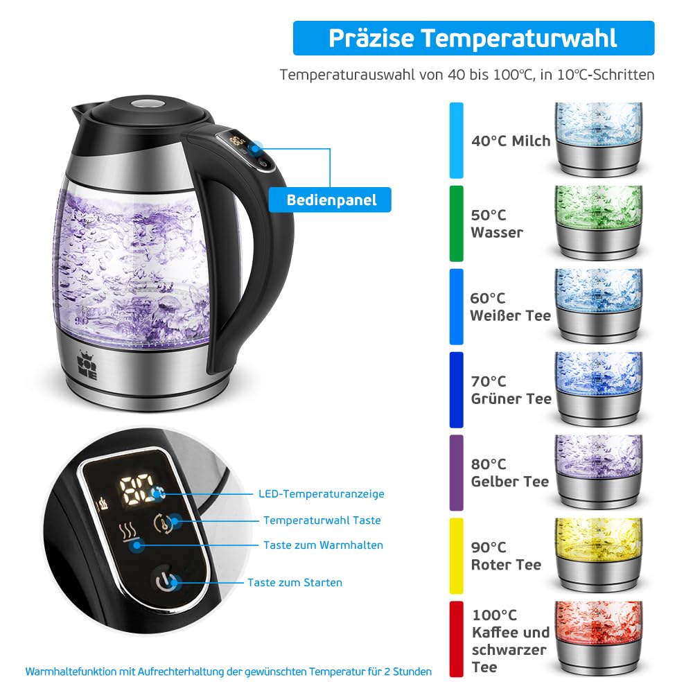 ForMe Glas Wasserkocher 1,8 Temperatureinstellung Temperaturwahl 40°C-100°C Farbwechsel LED I BPA FREI I Temperatur Einstellbar Teekocher Glaskessel Teekessel Glaswasserkocher mit Warmhaltefunktion