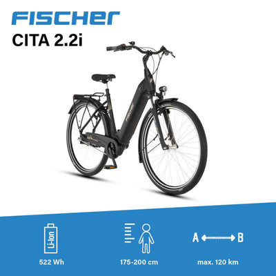 FISCHER E-Bike City CITA 2.2i, Elektrofahrrad für Damen und Herren, RH 43 cm, Mittelmotor 65 Nm, 36 V Akku, schwarz matt