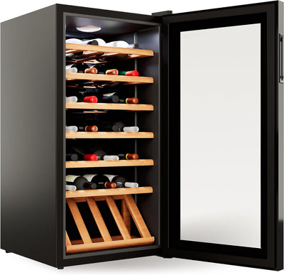 °CUBES Weinkühlschrank 28 Flaschen (90L) mit eleganter Glastür & hochwertigen Regalen aus Buchenholz | 5-18°C, vibrationsarm & leise (40dB) | Weinschrank mit LED Display - Tolles Geschenk