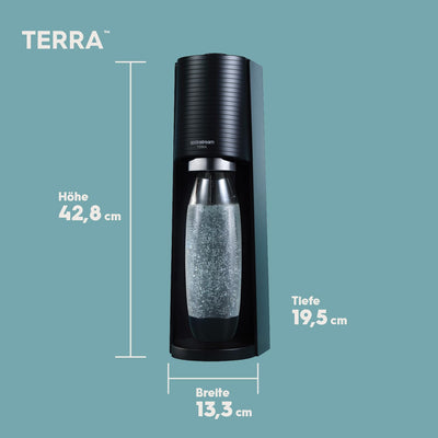 SodaStream Wassersprudler TERRA Promopack mit CO2-Zylinder und spülmaschinenfeste Kunststoff-Flasche, Schwarz, Höhe 44cm