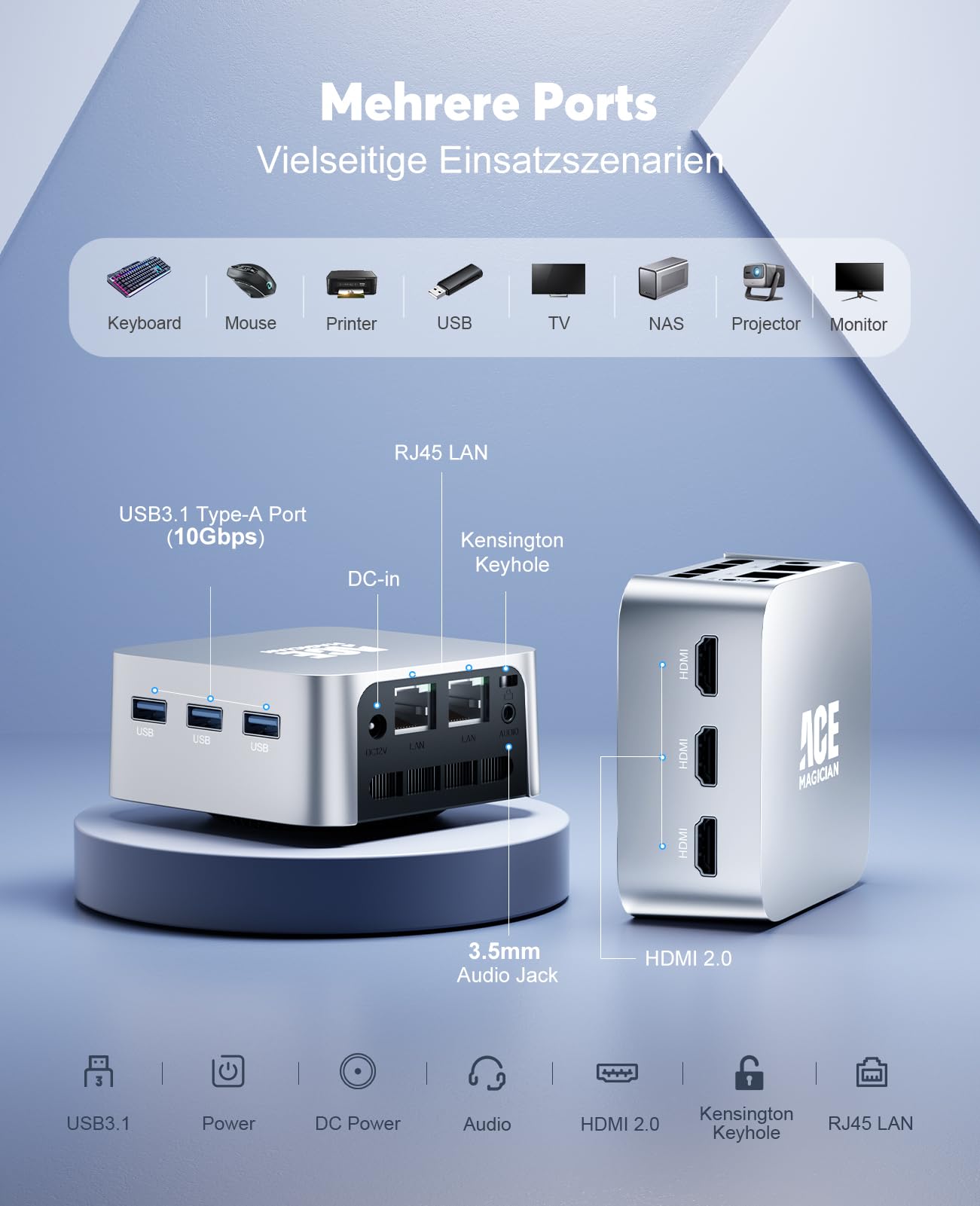 ACEMAGICIAN T8Plus Mini PC,12th Gen Ιntel Alder Lake N100 Mini PC(bis zu 3,40 GHz),16GB LPDDR5 512GB M.2 SSD Mini Computer with W11 Pro l Dual RJ45 | 4K HDMI*3 | WiFi 5 für Zuhause/Büro/Schule