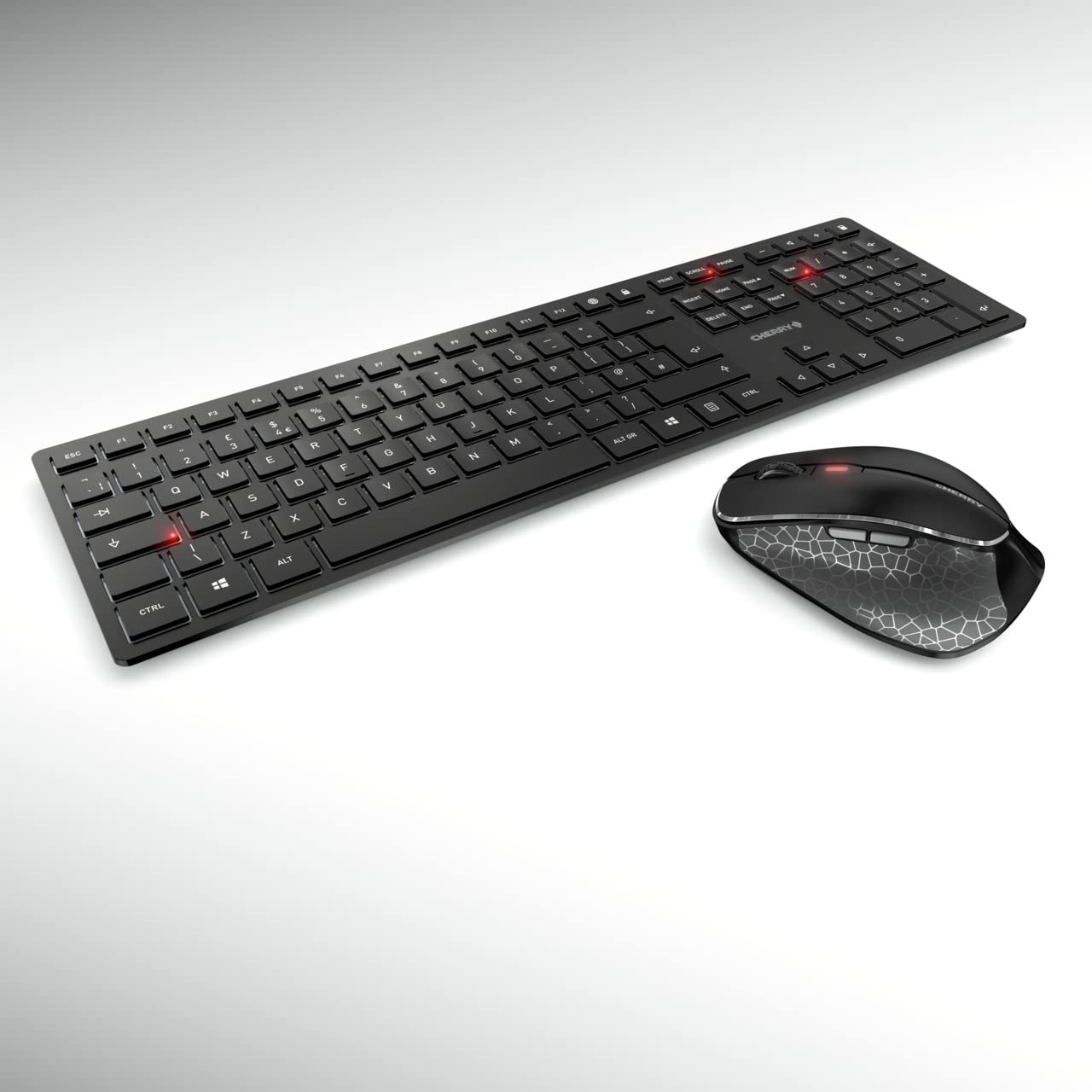 CHERRY DW 9500 SLIM, Kabelloses Tastatur- und Maus-Set, UK-Layout (QWERTY), Bluetooth oder 2,4 GHz Funk, Ergonomische Rechtshändermaus, Schwarz-Grau