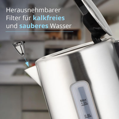 KHG Wasserkocher WK-105 ES Edelstahl, 1 Liter, abwaschbarer Kalkfilter, Wasserstandsanzeige, Öffnen per Knopfdruck, Trockengehschutz & Abschaltautomatik, verdecktes Heizelement, BPA-frei, 2200 Watt