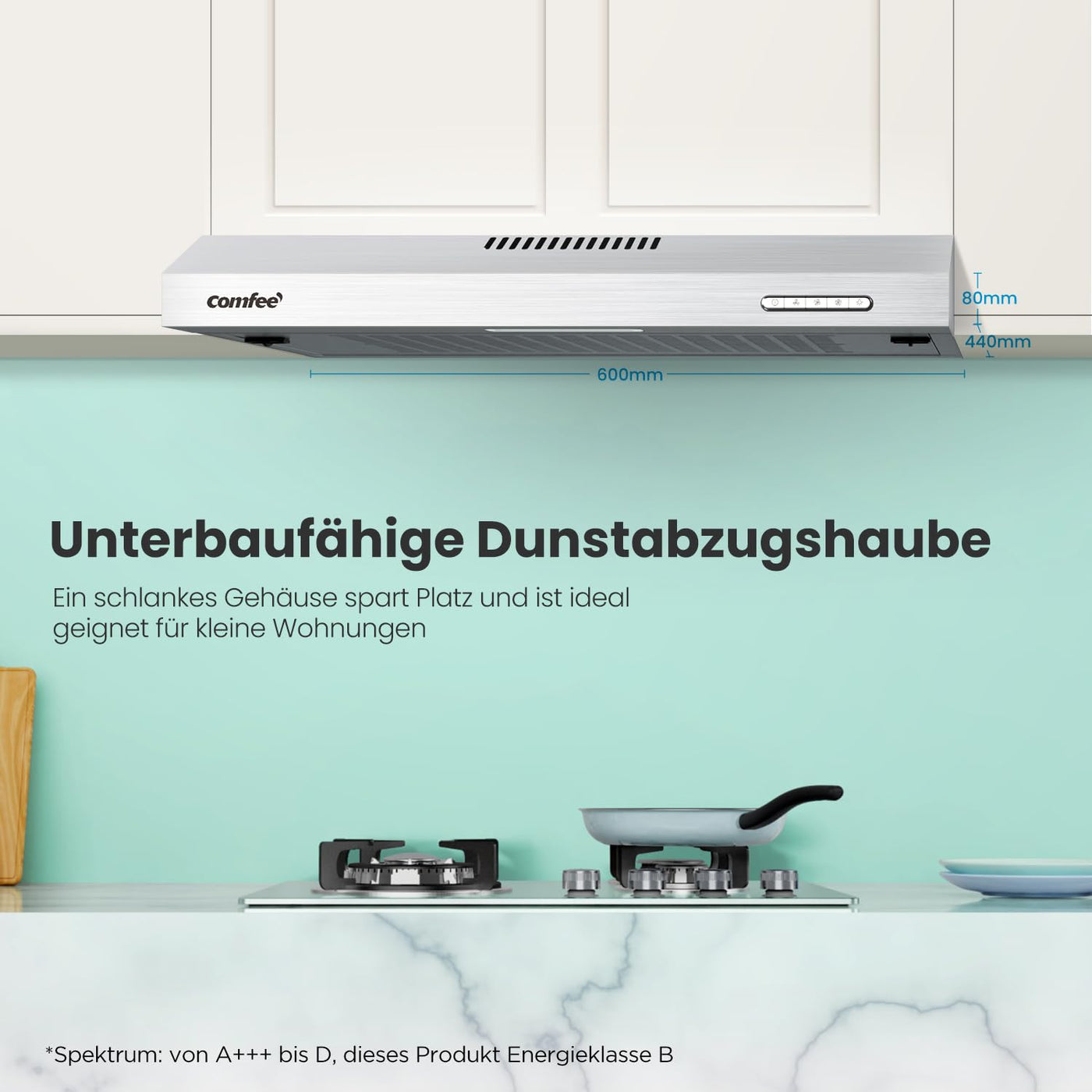 COMFEE' CHU 3.6F17BS 60cm Unterbauhauben Dunstabzugshaube Unterbau mit Edelstahl, abnehmbarem Aluminiumfilter, 200m³/h Luftstrom, 2 Stufen, 1 LED-Licht, Inox, Edelstahl Silber