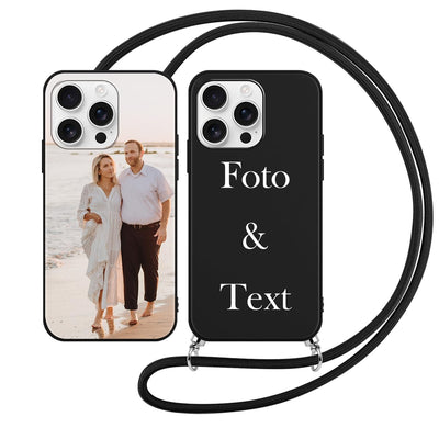 Yoedge Handykette Personalisierte Handyhülle für iPhone 16 Pro Schwarz Hülle mit Band Kordel 6,3", Selbst Gestalten/personalisiert mit Foto Bild Text Individuelle Schutzhülle Cover für iPhone 16 Pro