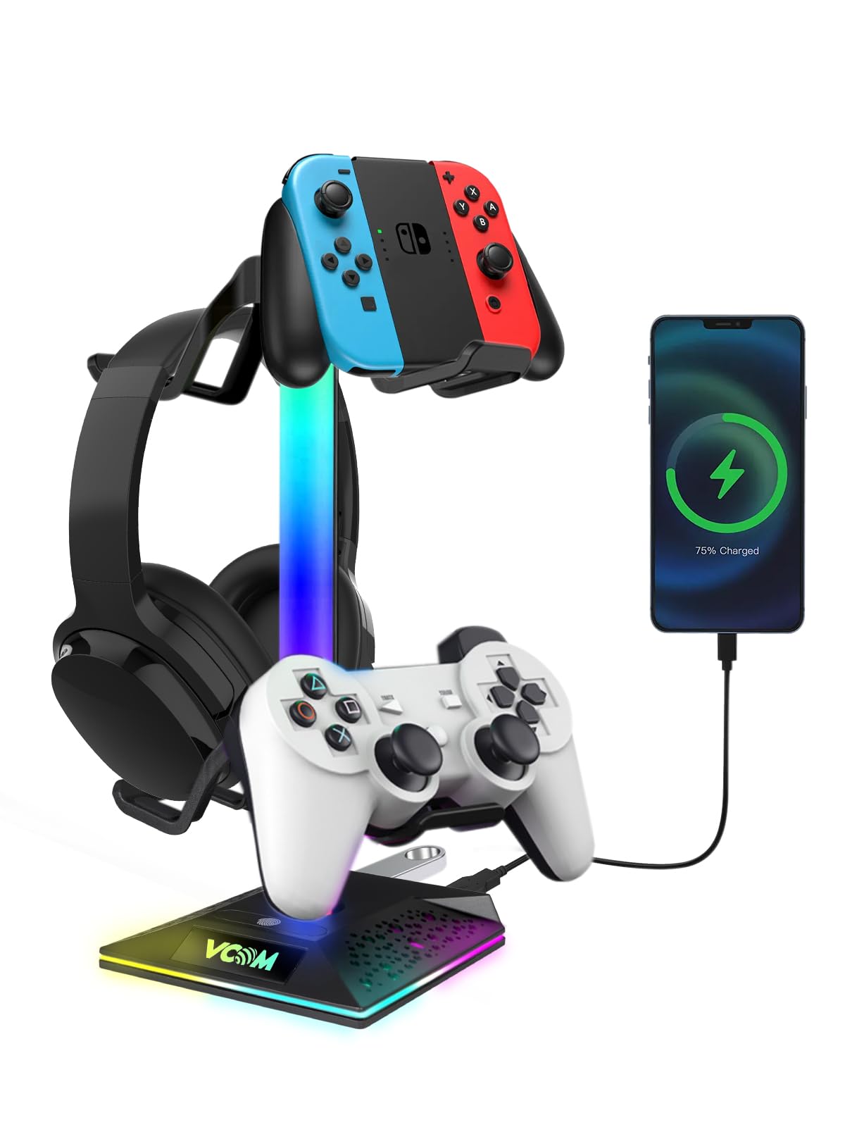 VCOM RGB Gaming Kopfhörer Ständer mit 10-Licht Modi, Controller Halter mit 2 USB Ports, PC Gaming Zubehör für Schreibtisch, Universal Speicher Organizer Headpsets/Xbox PS5 Controller/Switch/Handy