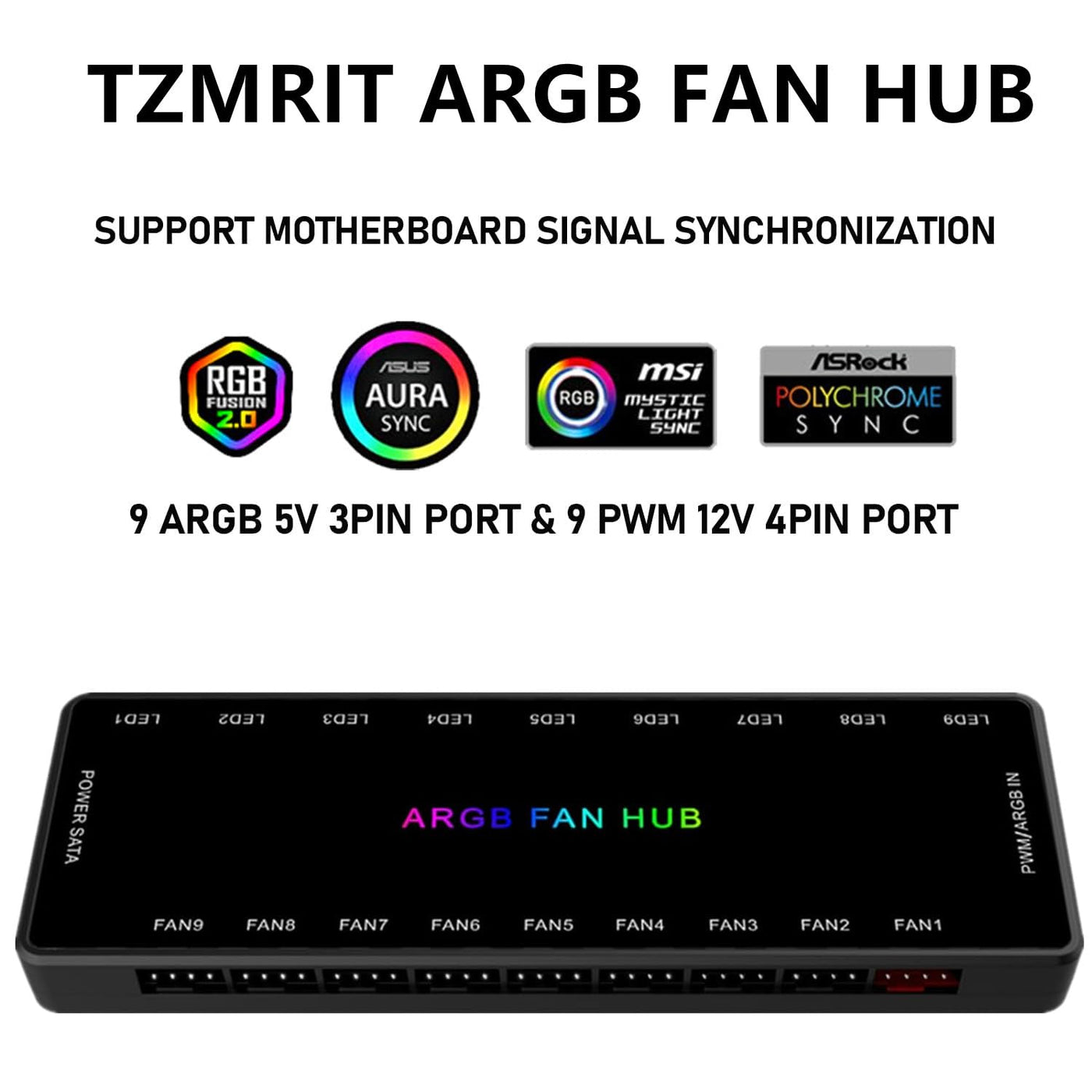 ARGB PWM Fan Hub, Addressable 5V 3Pin ARGB & 12V 4Pin PWM 2-in-1 RGB Case Fan Hub with Hidden Magnetic Base and SATA Power 18 Port, Support 9 Computer CPU Fans Splitter