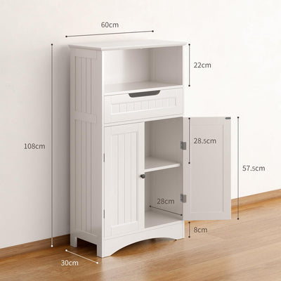 Bealife Badezimmerschrank, Badezimmer-Aufbewahrungsschränke mit großer Schublade, 2 Türen mit verstellbaren Regalen für Badezimmer, Wohnzimmer, Schlafzimmer, 108 x 60 x 30 cm, Weiß