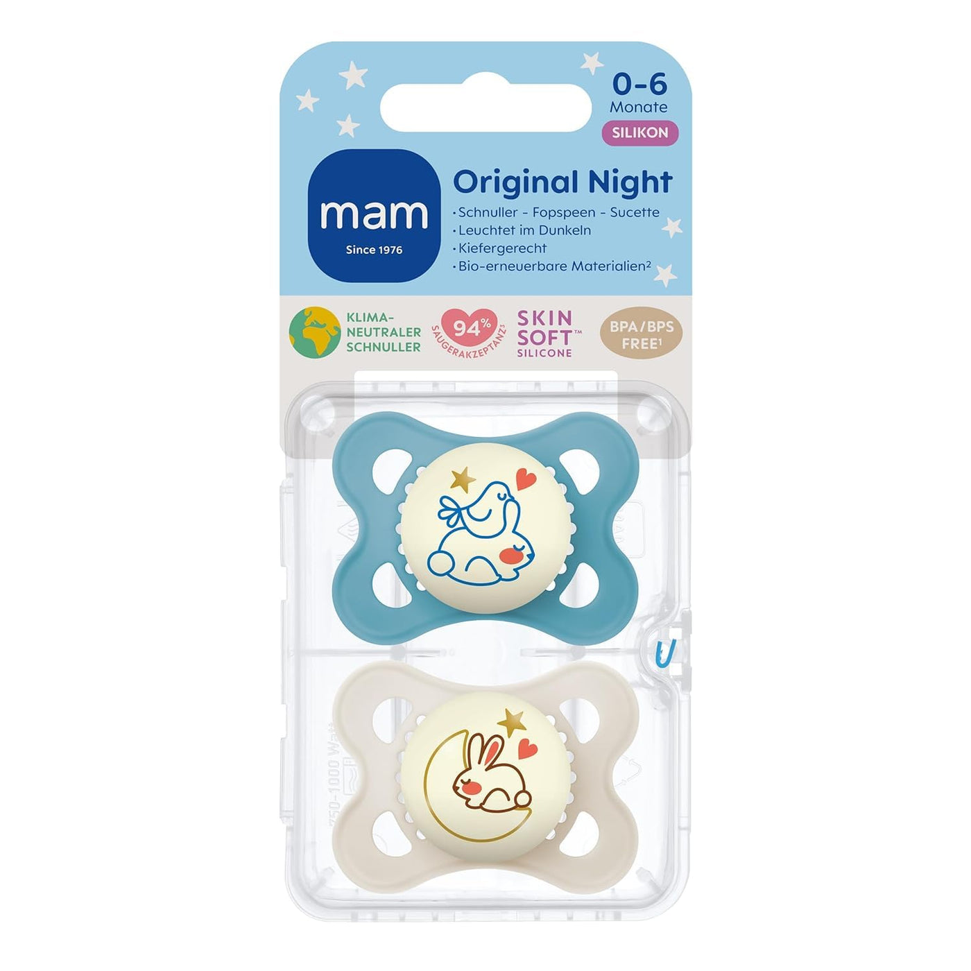 MAM Original Night Schnuller im 2er-Set, leuchtender & zahnfreundlicher Baby Schnuller aus nachhaltigen & bio-erneuerbaren Materialien, mit Schnullerbox, 0-6 Monate, Hase/Mond