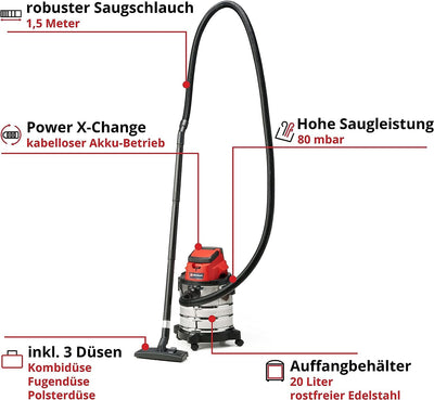 Einhell Akku-Nass-Trockensauger TC-VC 18/20 Li S-Solo Power X-Change (Li-Ion, 18V, Edelstahlbehälter 20 l, Blasanschluss, inkl. Düsen + Filter, ohne Akku und Ladegerät), Schwarz/Rot