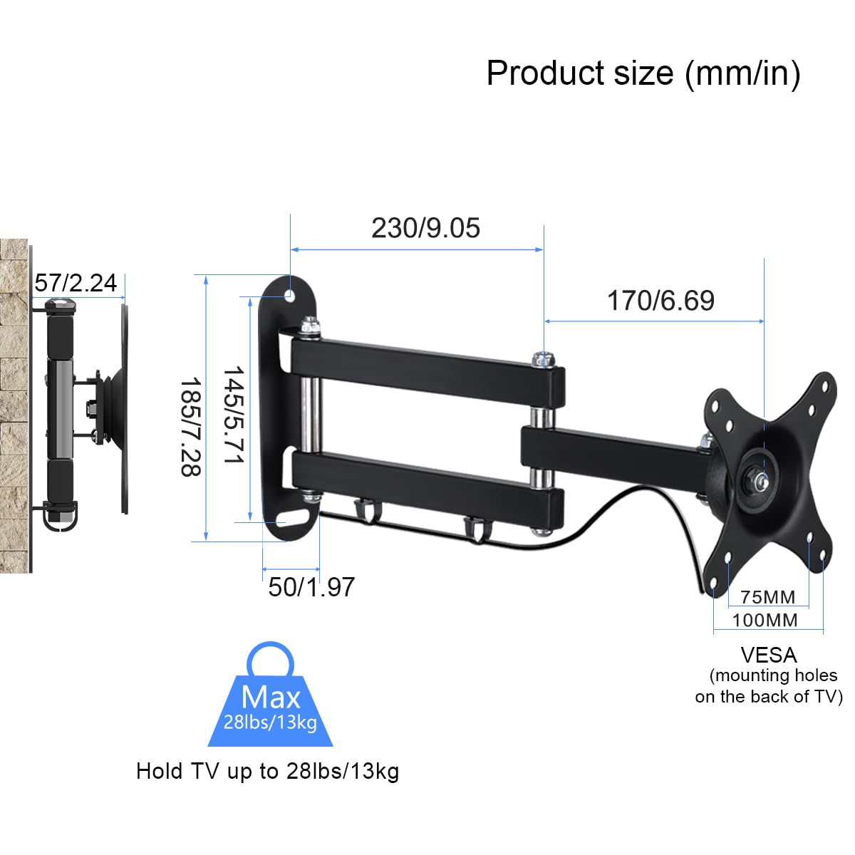 suptek TV Wandhalterung Fernseher Halterung Wandhalterung Schwenkbar Neigbar Drehbar für 15-32 Zoll Flach&Curved TV oder Monitor, PC Monitor Halterung Wand bis zu 13Kg VESA 100x100mm/75x75mm (MA2720)