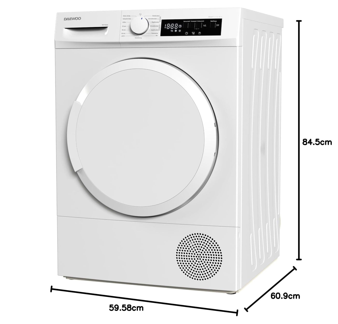 Daewoo T8HT1WA3DE Wärmepumpentrockner, A+++, 8 kg, Programmknebel und SoftTouch-Bedienung mit LED-Display, 15 Programme, Trommelinnenbeleuchtung, Weiß