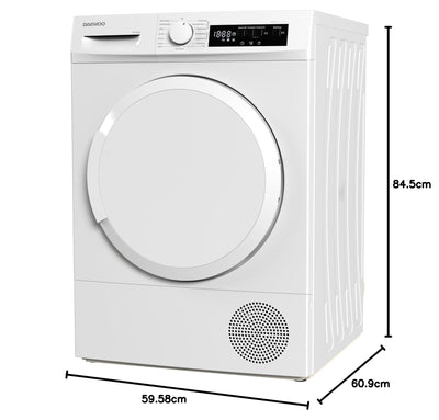 Daewoo T8HT1WA3DE Wärmepumpentrockner, A+++, 8 kg, Programmknebel und SoftTouch-Bedienung mit LED-Display, 15 Programme, Trommelinnenbeleuchtung, Weiß