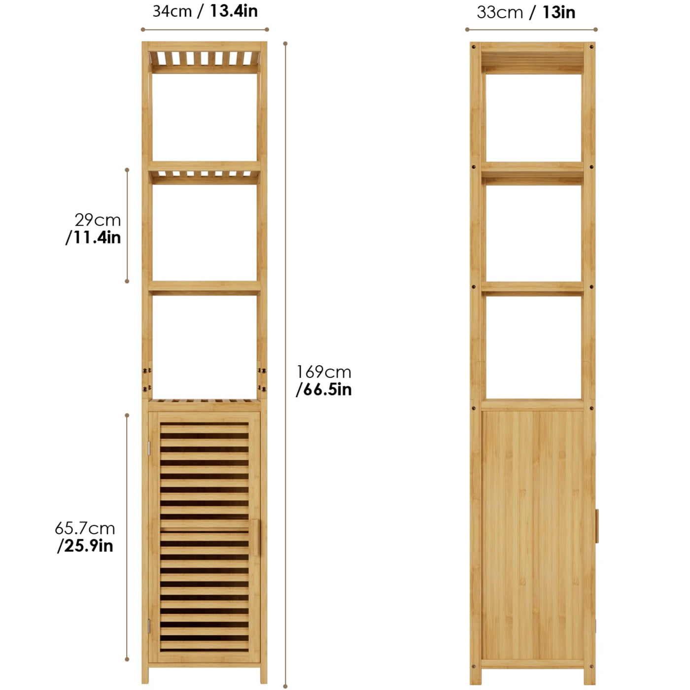 FOREHILL Hochschrank Badezimmerschrank Badregal aus Bambus schmales Badschrank Badmöbel mit 3 Ablagen Standregal für Bad, Küche, Flur 169x34x33cm Natur