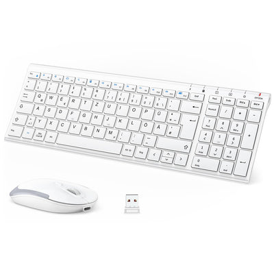 2.4G Maus Set kabellos, iClever Aluminium Wireless Slim Tastatur QWERTZ Layout (Deutsch), für Computer/Desktop/PC/Laptop/Oberfläsche/Smart TV und Windows 10/8/7/Vista/XP (2.4GHz, USB)