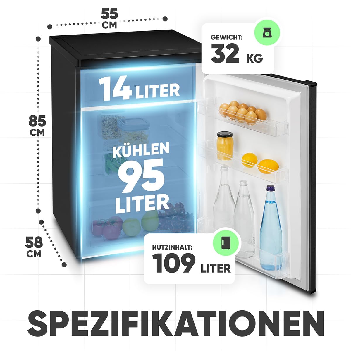 Bomann® Kühlschrank mit Gefrierfach klein | Kühlschrank 2 Ablagen | leise | mit 4-Sterne Gefrierfach | Kühlschrank klein mit Obst- und Gemüsefach | Türanschlag wechselbar | KS 7251 schwarz