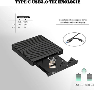 Externes DVD Laufwerk USB 3.0 Type-C Tragbar CD DVD Brenner Optical Drive DVD Laufwerk DVD/CD +/-RW Externes CD Laufwerk für Laptop Desktop mit Win11/Win10/Win8/Apple MacPro/MacBook/OS