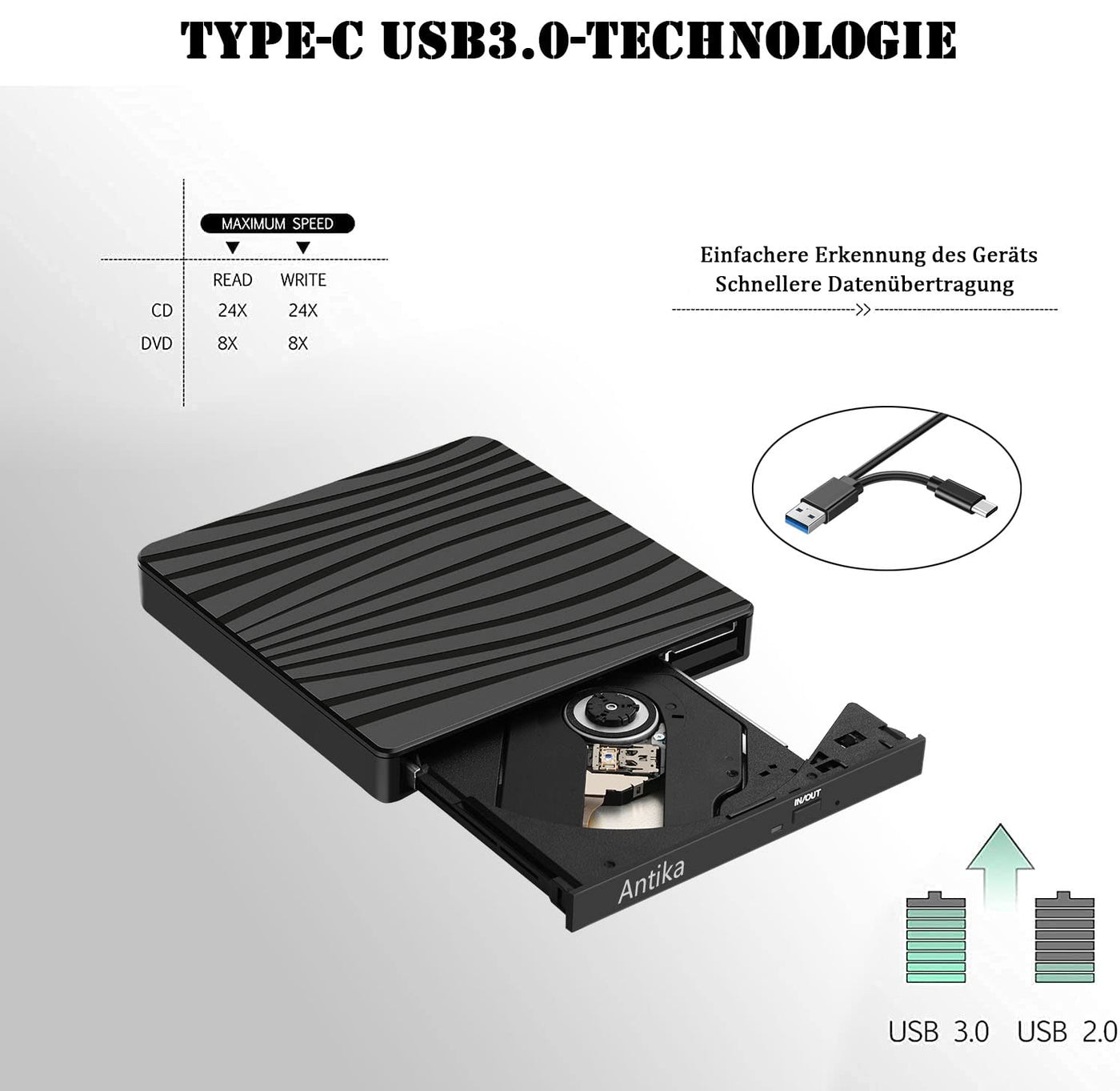 Externes DVD Laufwerk USB 3.0 Type-C Tragbar CD DVD Brenner Optical Drive DVD Laufwerk DVD/CD +/-RW Externes CD Laufwerk für Laptop Desktop mit Win11/Win10/Win8/Apple MacPro/MacBook/OS