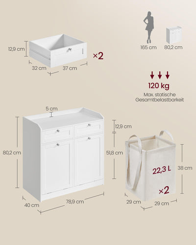 VASAGLE Badschrank mit Wäschekörbe, Wäscheschrank, Badezimmerschrank mit 2 Schubladen und 2 Wäscheboxen, herausnehmbare Innentaschen mit Griffen, 40 x 78,9 x 80,2 cm, wolkenweiß BBC751W01