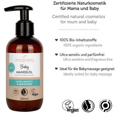 MABYEN Bio Baby Öl Mandel 200ml | Vegan, Parfümfrei, Naturkosmetik - Baby Mandelöl ideal zur Babypflege und als Baby Massageöl - in praktischer Pumpflasche - Stärkt Bindung