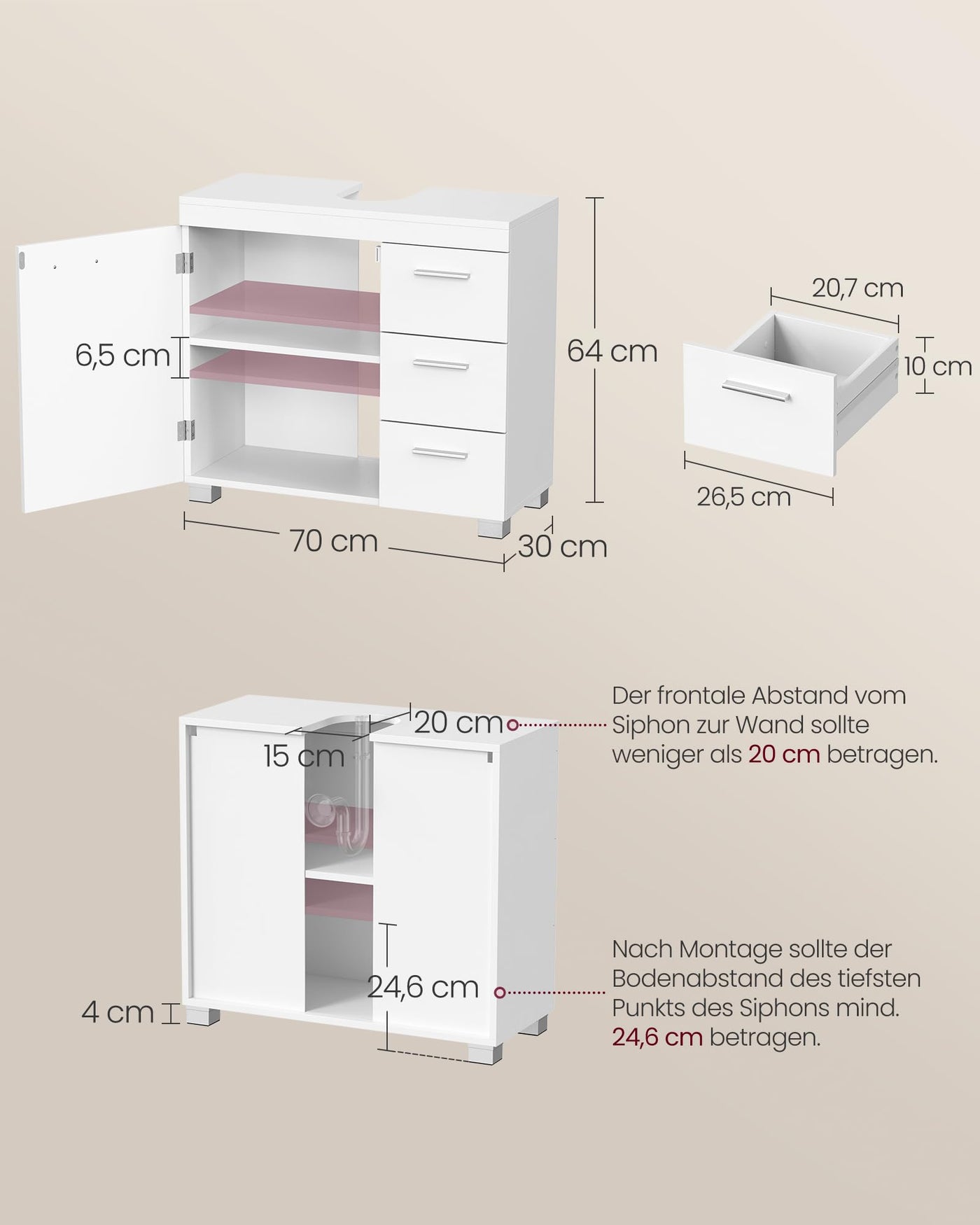 VASAGLE Waschbeckenunterschrank, Badezimmerschrank mit 3 großen Schubladen, Badschrank, 2 FÄcher hinter der TÜr, Badezimmer-Unterschrank mit FÜßen, 30 x 70 x 64 cm, weiß BBK503W10