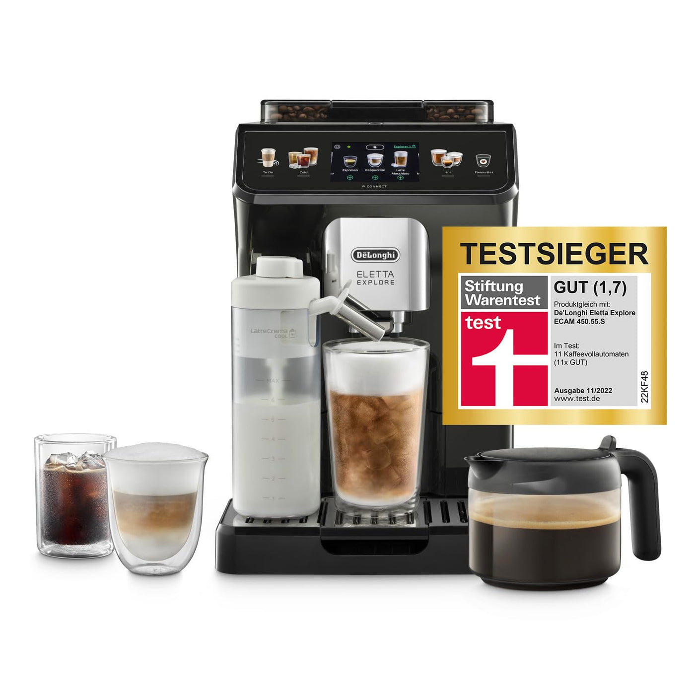 De'Longhi Eletta Explore ECAM452.57.G Kaffeevollautomat mit LatteCrema Milchsystem, heiße und kalte Getränke auf Knopfdruck, 3,5 Zoll TFT Touchscreen Farbdisplay, Kaffeekannen inklusive, schwarz