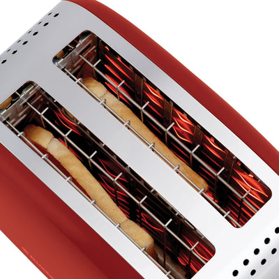 Grille-pain Russell Hobbs [pour 2 tranches] Colours Plus Acier inoxydable Rouge (fentes de toast extra larges, y compris chauffe-petits pains, 6 niveaux de brunissage + fonction décongélation, fonction Lift &amp; Look, 1600 W) 26554-56