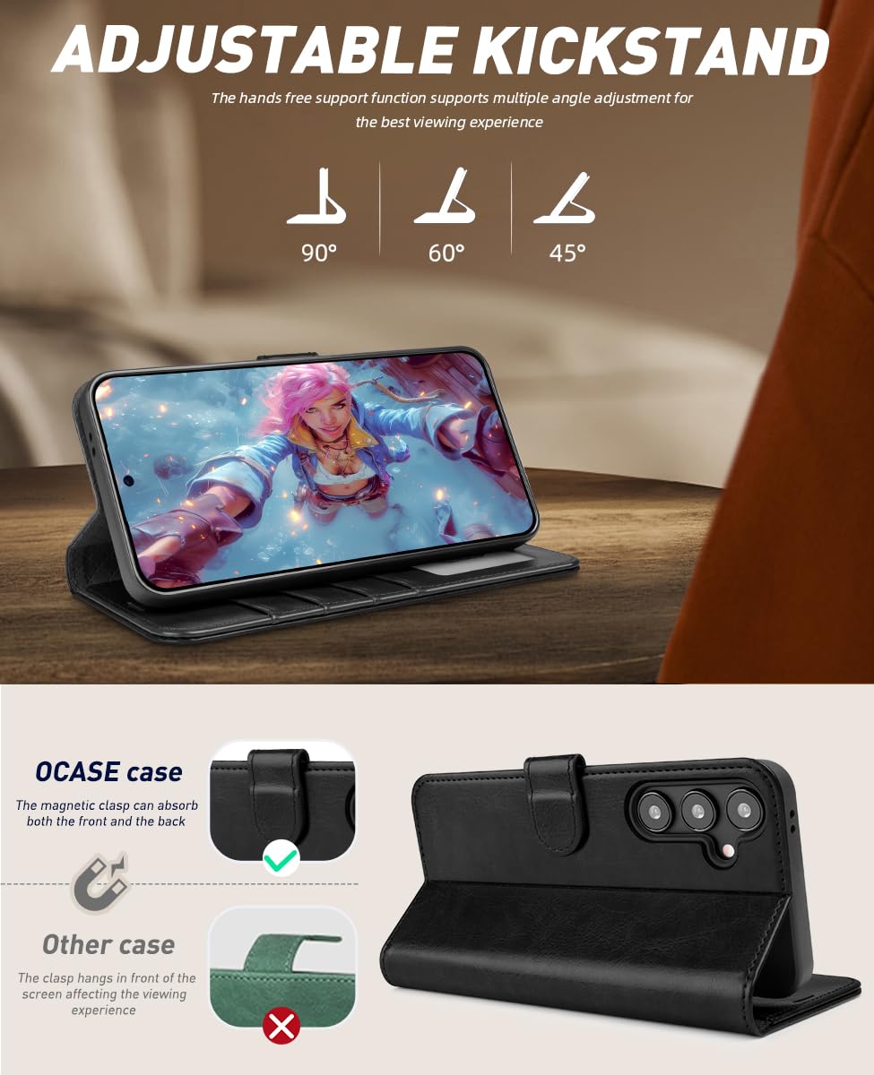 OCASE Handyhülle für Samsung Galaxy S24 FE Hülle Premium Leder Flip Klappbare Klapphülle Stoßfeste Magnetische [Standfunktion] [Kartenfächern] Schutzhülle für Samsung S24 FE Tasche Schwarz