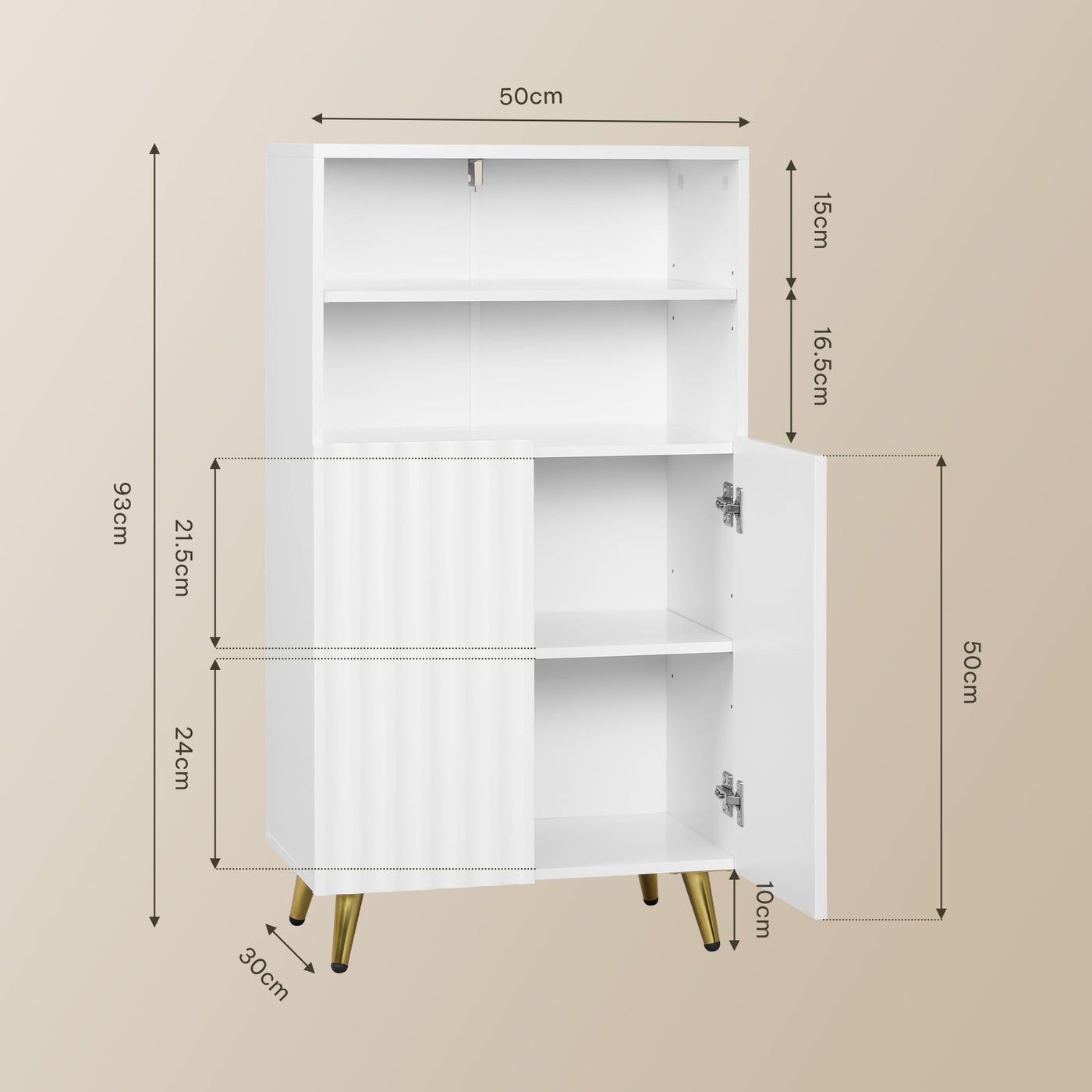 eSituro Badezimmerschrank, Badschrank, Badkommode mit 2 offenen Fächern, 2 Türen, 2 verstellbaren Einlegeböden, Schrank Badezimmer weiß, 50x93x30 cm