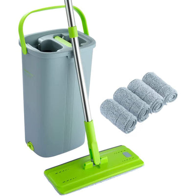 EasyGleam Mop und Eimer Set - Flachbodenmopp mit Teleskopstange, Innovativer Mop Zweikammer Eimer für Nass- und Trockenanwendung, 2 Mikrofaserpads, Perfekt für Alle Bodenarten, Reinigung und Pflege