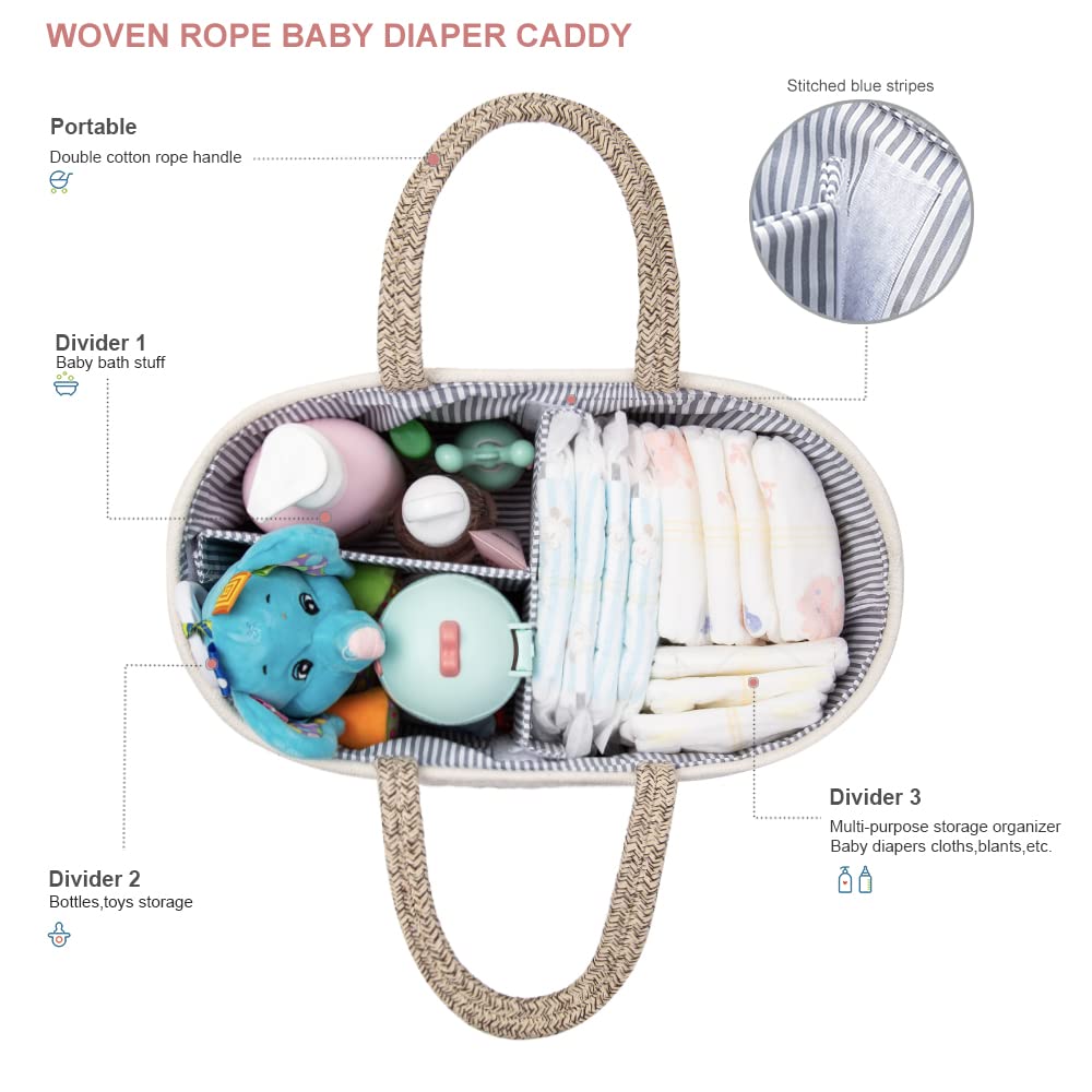 YeaYee Baby Windel Caddy Organizer，Multifunktionale Aufbewahrungsbox für Windeln， mit wechselbaren Fächern, 100% Baumwoll-Leinen, tragbarer Aufbewahrungskorb für Windeln, Babyparty-Geschenk