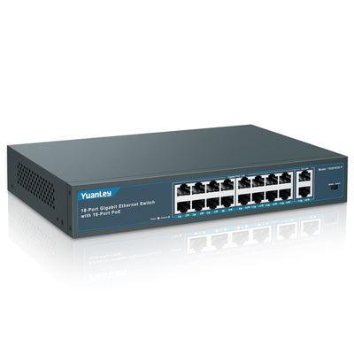 YuanLey 18 Port Gigabit PoE Switch, 16 PoE+ Port 1000 Mbps, 2 Gigabit Uplink, 250W 802.3af/at, Metal Desktop/Rackmount, Nicht verwalteter Plug and Play Netzwerk Switch