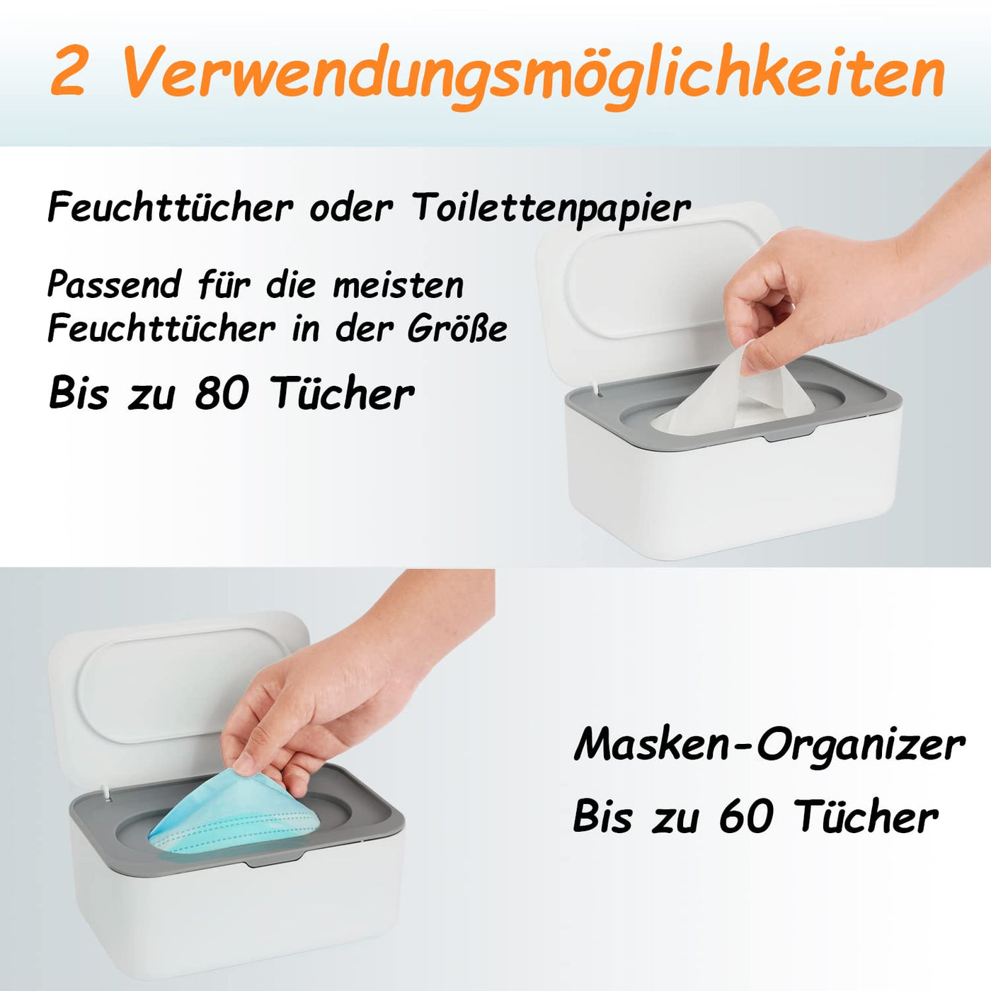 Feuchttücher Box, Seposeve Feuchtuchspender für Baby & Erwachsene, Nachfüllbare Feuchtes Toilettenpapier Box, Hält Tücher Frisch, Einhandbedienung, Grau