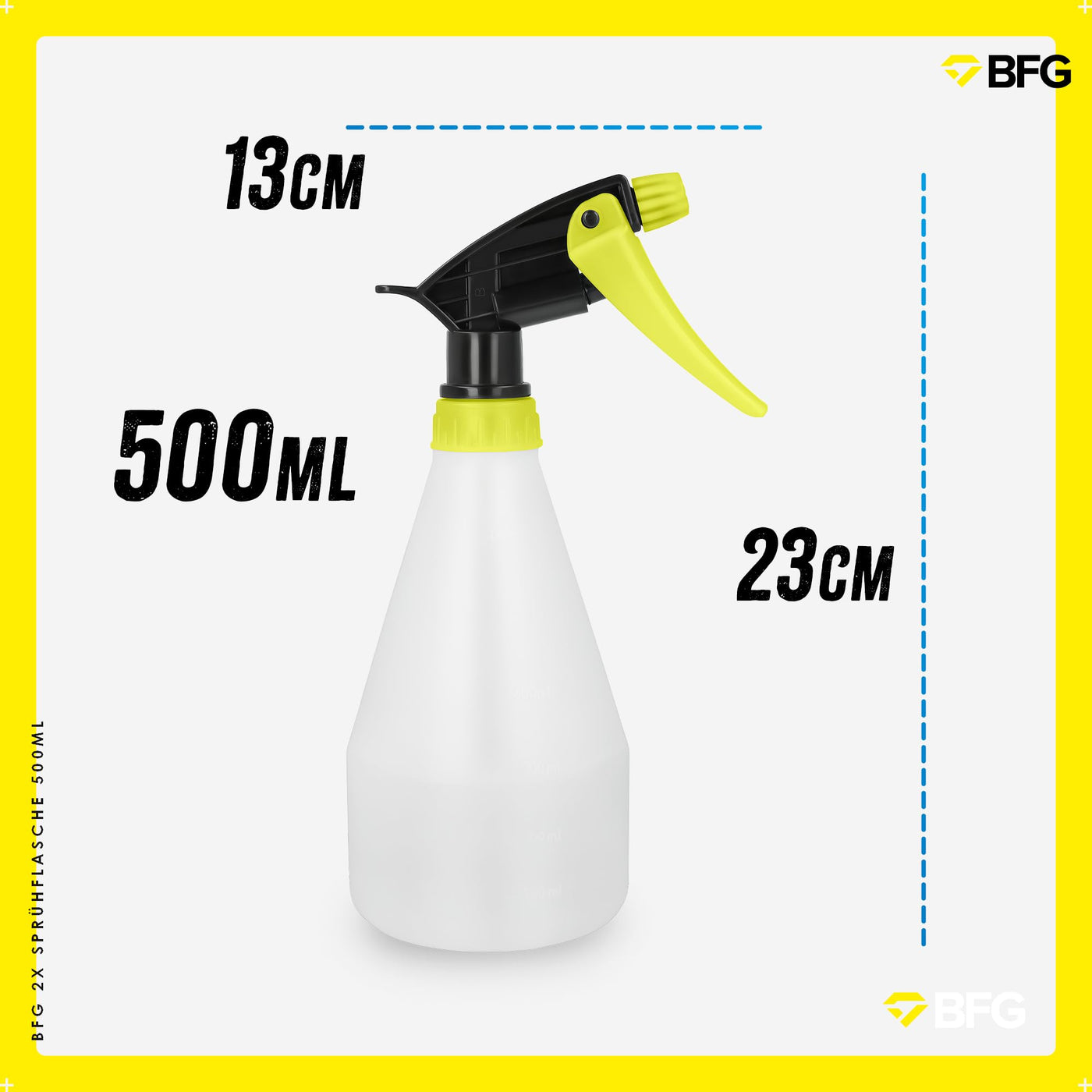 BFG 2x Sprühflasche 500ml - Sprühflasche für Haushalt und Pflanzen, Wassersprühflasche mit Verstellbarer Düse zum Bügeln, Nebelsprühflasche für Pflanzen und Küche, Blumensprüher für den Pflanzenschutz